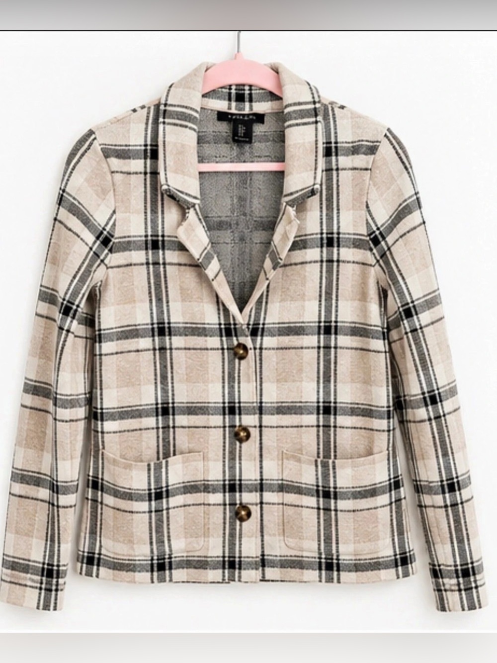 Tahari Plaid Knit Blazer Jacket – Size Small – Beige Cream Black